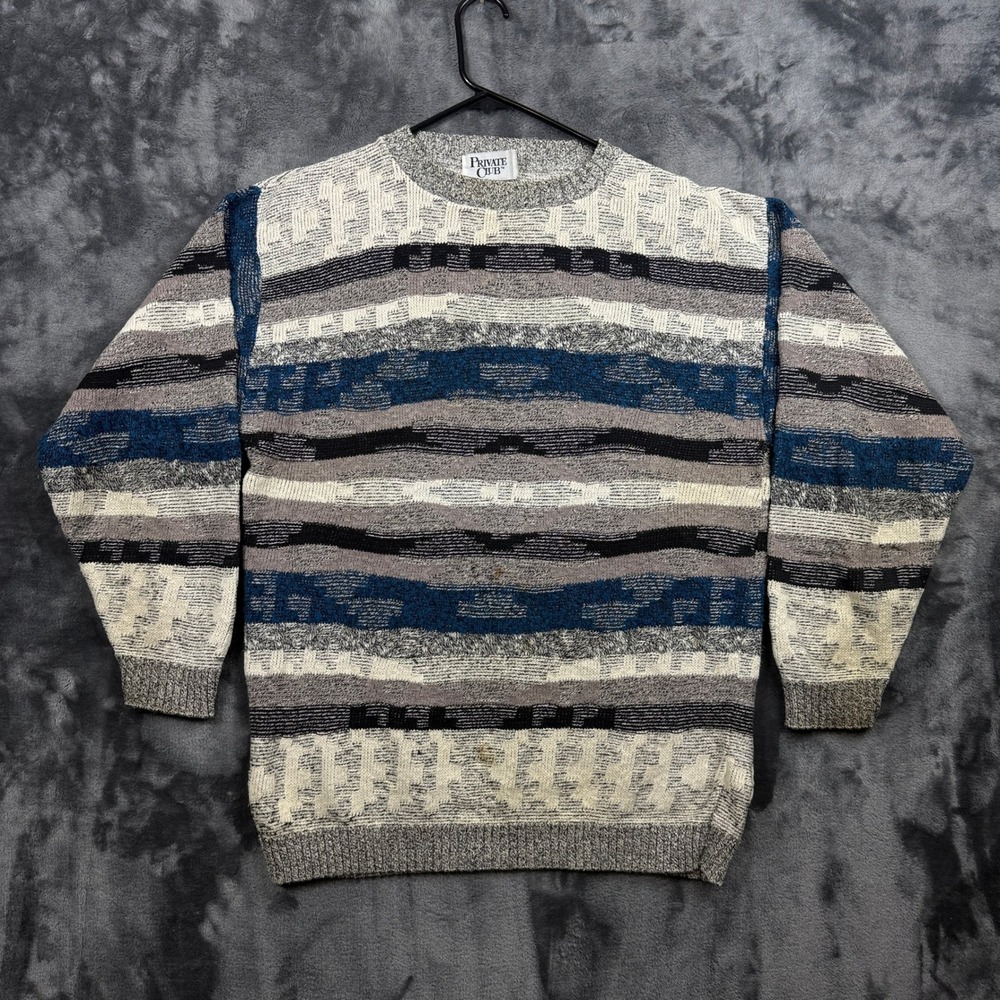 Private Club Sweater Mens Medium Multi Color Textured Knit Vintage Striped 90s